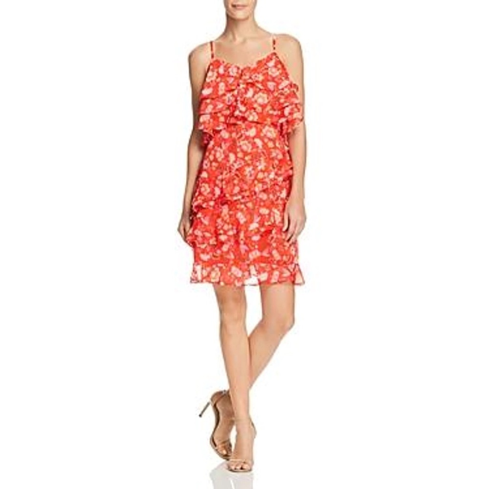 AQUA Ruffed Floral Paisley Print Red Dress